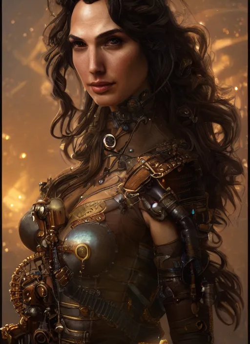 Image similar to steampunk portrait of gal gadot, hyper detailed, digital art, cinematic lighting, studio quality, smooth render, unreal engine 5, octane rendered, art style by klimt and nixeu and ian sprigger and wlop and krenz cushart.