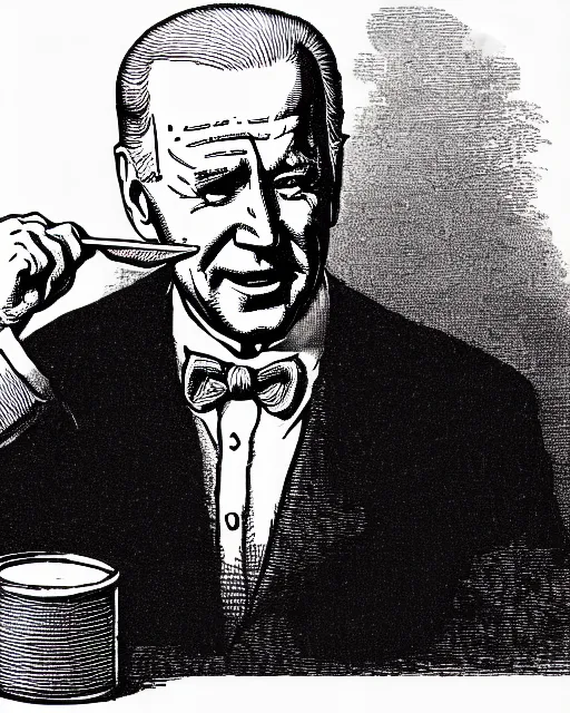 Prompt: illustration of joe biden eating a can of baked beans from the dictionarre infernal, etching by louis le breton, 1 8 6 9, 1 2 0 0 dpi scan