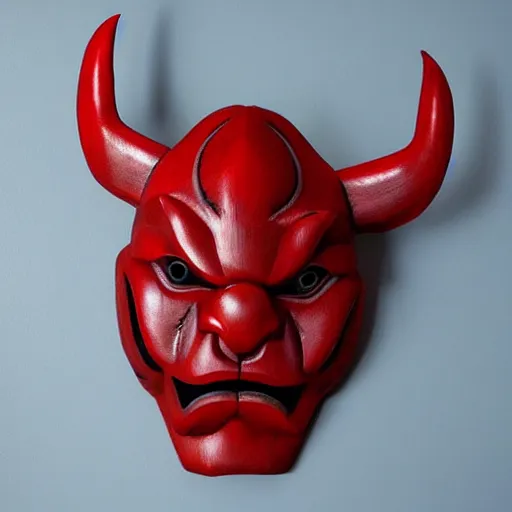 Image similar to “ wooden oni mask, red, reflective, realistic, highly detailed ”