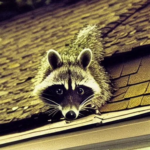 Image similar to 1 9 6 8 national geographic, raccoon on roof, backlit,