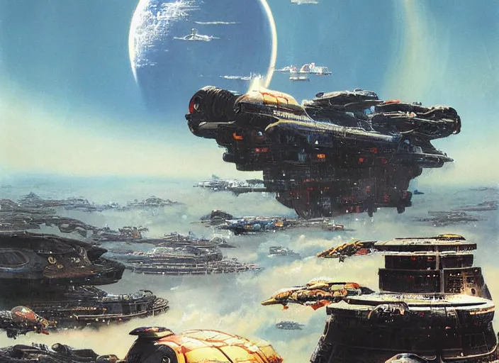 Image similar to matte painting, peter elson, chris foss, john berkey, terran trade authority