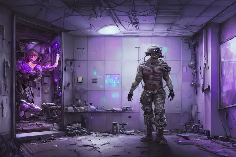 Image similar to Ultra realistic illustration, a hefty damaged cyberpunk male soldier cyborg with purple hair being patched up in a run down underground military medical bay with medical equipment hanging from ceiling, holographic display panels in background, rugged face, muscle body with battle scars, cyberpunk, soft purple neon lighting, sci-fi, fantasy, intricate, elegant, highly detailed, digital painting, artstation, concept art, smooth, sharp focus, illustration, dramatic lighting, art by Giger