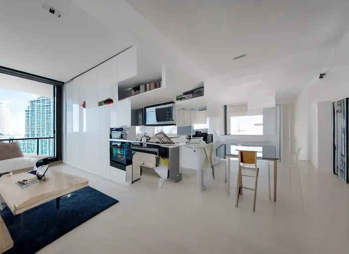 Prompt: 8 k photograph of stunning 2 0 2 2 miami studio apartment, award winning unique modern design, gorgeous, designed by hashimoto yukio