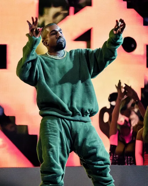 Image similar to kanye rapping on stage but he's covered in green slime