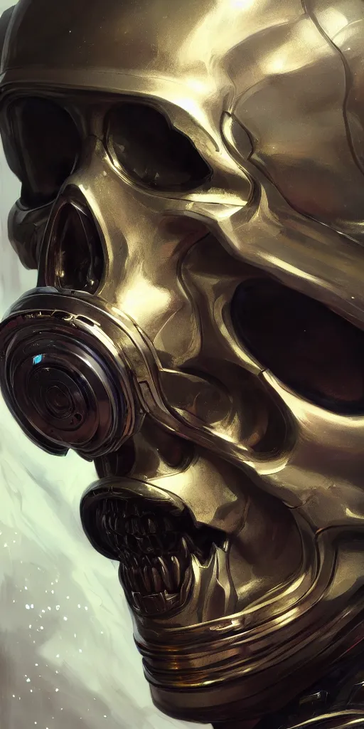 Image similar to close up portrait of a metallic skull inside of a space suit, extremely detailed digital painting, in the style of fenghua zhong and ruan jia and jeremy lipking and peter mohrbacher, mystical colors, rim light, beautiful lighting, 8 k, stunning scene, raytracing, octane, trending on artstation