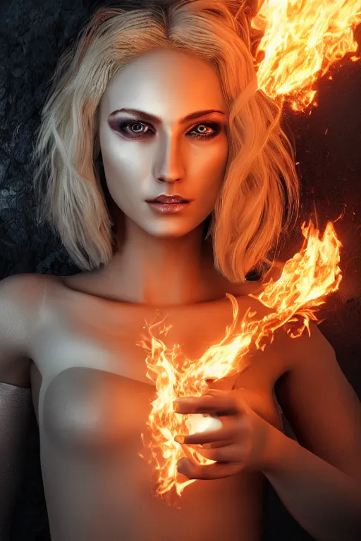 Image similar to gorgeous blonde woman with fire in her hand, cyberpunk, realistic, high definition, many details, symmetrical face, realistic eyes, art of arcane