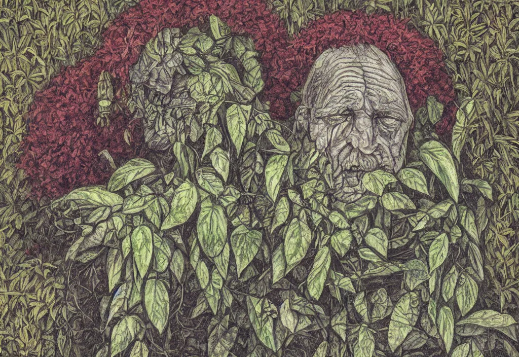 Prompt: an old man made of plants, near death, sad, muted colors, painting by teddy ruth, kimberly asstyn, and josh grover.