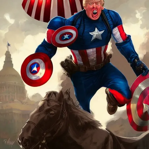 Prompt: Donald Trump as Captain America, portrait, highly detailed, digital painting, artstation, concept art, sharp focus, illustration, cinematic lighting, art by artgerm and greg rutkowski and alphonse mucha