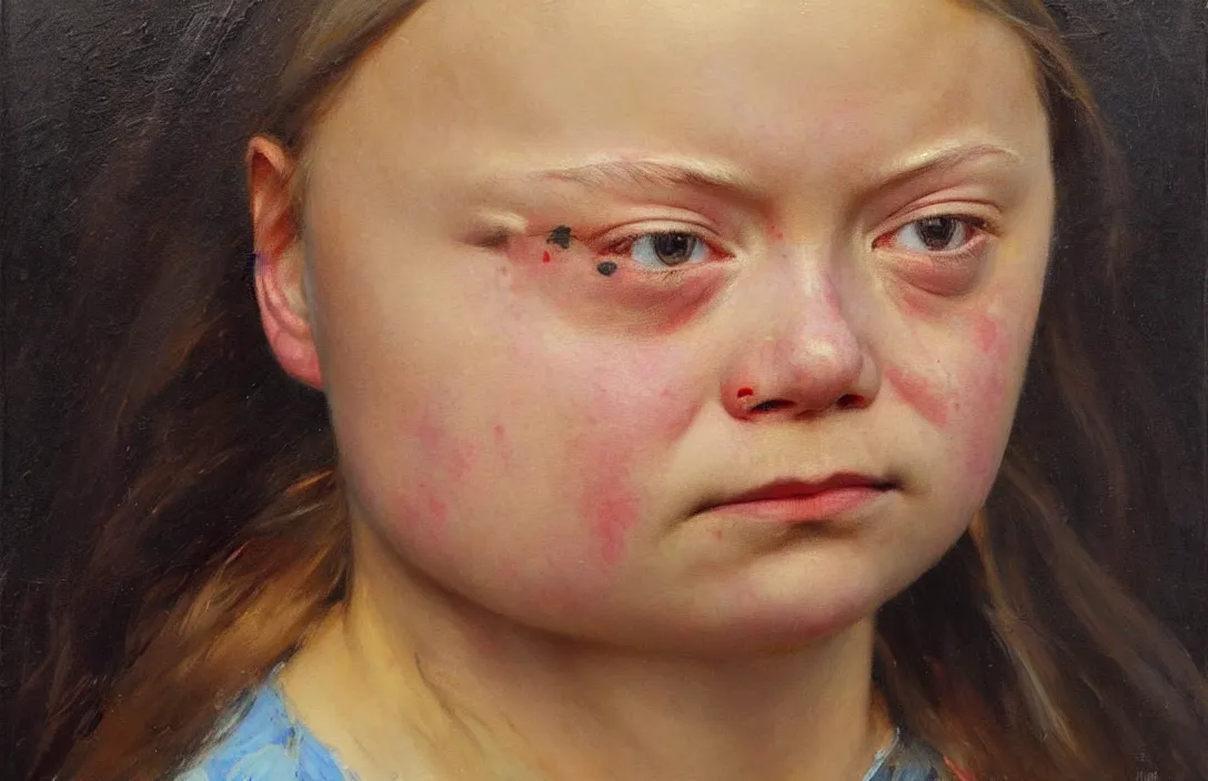 Prompt: portrait of greta thunberg!!!!!!!!!!!!!!!!!!!!!!!!!!!, detailed face, detailed painting, epic lighting, by ilya repin, phil hale and kent williams