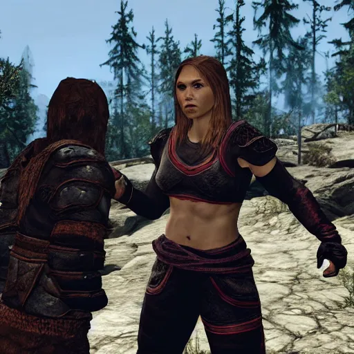 Image similar to character screenshot of ufc ronda rousey dc in skyrim, lydia armor, npc talking, wilderness, 1 0 8 0 p, bokeh, elder scrolls v, detailed, dialog text