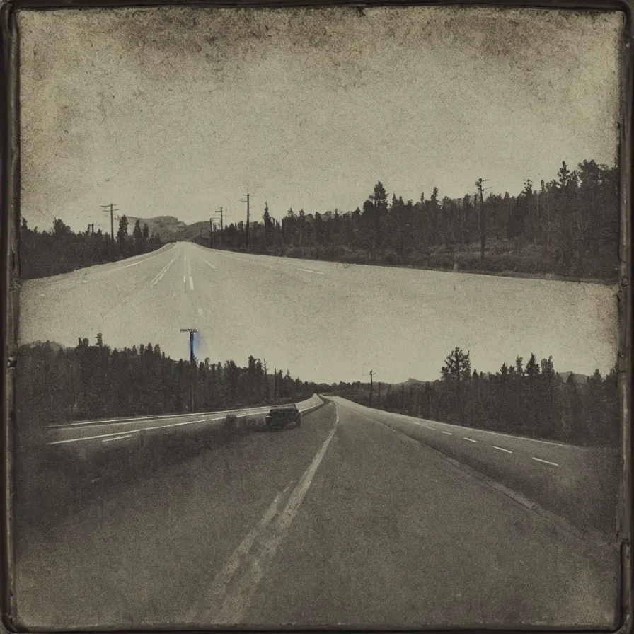 Prompt: tintype cover artwork about a sunrise highway. lighthearted mood.