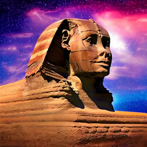 Prompt: realistic, stunning beauty. cat. sphinx. close - up on the background of the cosmic incredible. colorful sky. fantasy.