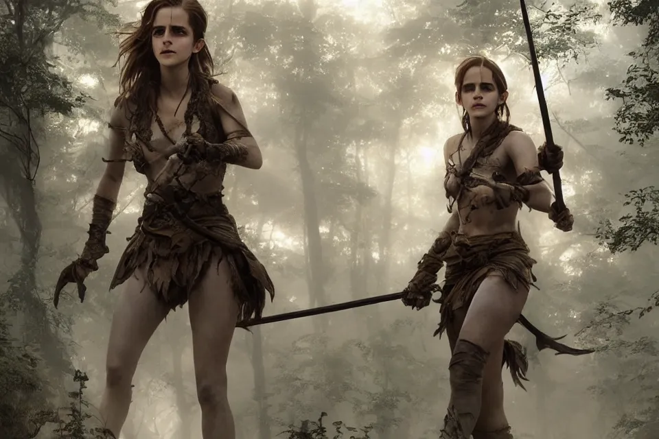 Prompt: A hyperrealistic concept art of a very beautiful Emma Watson as Primal Huntress, stunning massive ornately 3d render inspired art by Renato muccillo and Andreas Rocha and Johanna Rupprecht, natural volumetric lighting, 8k octane beautifully detailed render, post-processing, highly detailed, intricate complexity, epic composition, magical atmosphere, cinematic lighting, masterpiece, trending on artstation