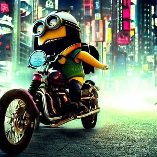 Image similar to minion riding a motorbike in a neotokyo street, cyberpunk, movie still, 4 k