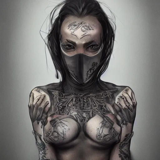 Image similar to Hot young woman, grey skin, tattoos, wearing leather and cuddling a humanoid in shroud and mask concept art