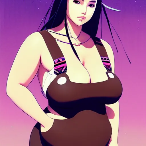 Image similar to a beautiful plus sized model japanese natalie portman, alluring plus sized model with brown skin, wearing mayan leotard with overalls, street fashion hip hop style with mayan patterns, aztec street fashion, gapmoe yandere grimdark, trending on pixiv fanbox, painted by greg rutkowski makoto shinkai takashi takeuchi studio ghibli, akihiko yoshida