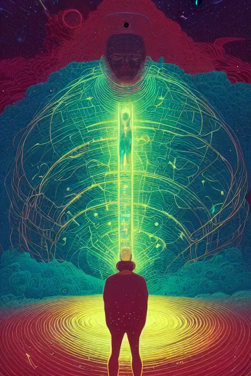 Prompt: the beginning of time in the cosmos, man and energy united by victo ngai, kilian eng vibrant colors, dynamic lighting, digital art, award winning masterpiece, fantastically beautiful, illustration, aesthetically inspired by beksinski and dan mumford, trending on artstation, art by greg rutkowski, 8 k