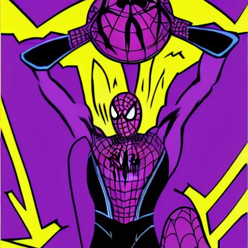 Image similar to black and purple spiderman drawn in comic book art style by steve ditko, 4 k digital art