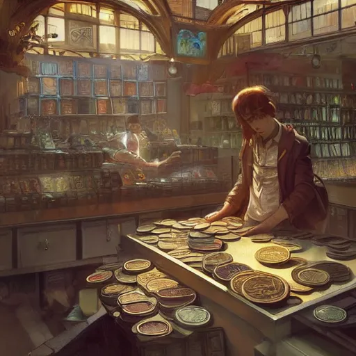 Image similar to modern coin shop with a lot of coins, 4 k, octane, digital painting, artstation, concept art, sharp focus, illustration, art by artgerm and greg rutkowski and alphonse mucha