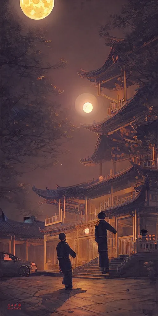 Image similar to on mid - autumn festival, chinese firefighters admire the moon together, fine details. night setting. realistic shaded lighting poster by craig mullism, artgerm, jeremy lipkin and michael garmash, unreal engine, radiant light, detailed and intricate environment, digital art,