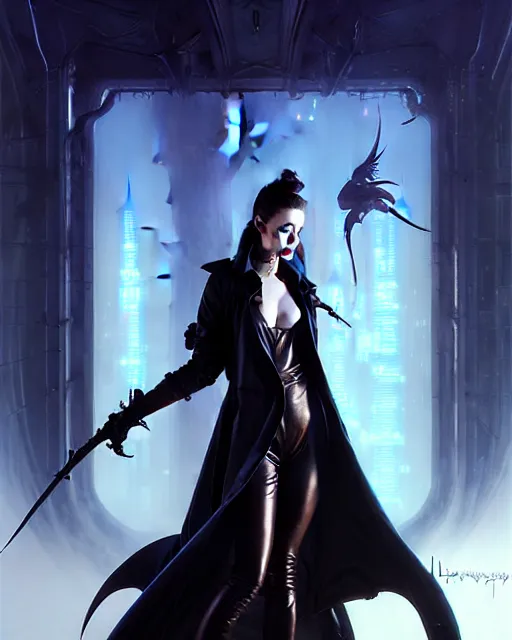 Image similar to beautiful fantasy character portrait, lilly collins, wearing oversized black trench coat, ultra realistic, wide angle, dramatic lighting, vultures, very seductive pose, cyberpunk artifacts, highly detailed by peter mohrbacher, hajime sorayama, wayne barlowe, boris vallejo, aaron horkey, gaston bussiere, craig mullins