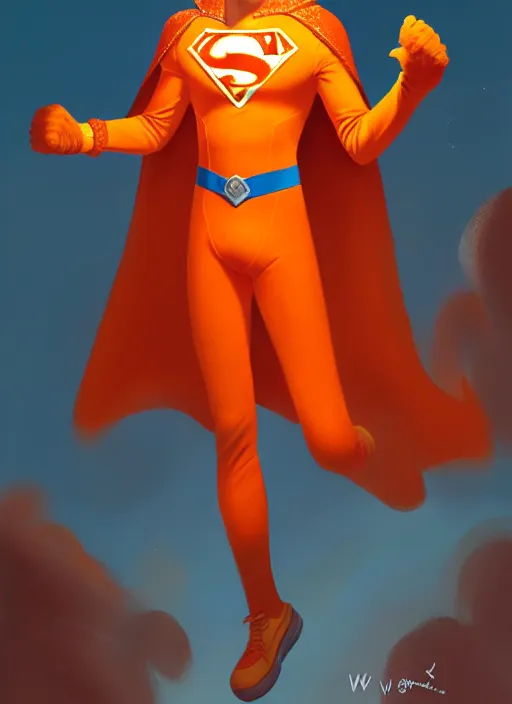 Image similar to friendly teenage archie andrews wearing an orange superhero costume, freckles, superhero costume with heart emblem, cape, intricate, elegant, glowing lights, highly detailed, digital painting, artstation, sharp focus, illustration, art by wlop, mars ravelo and greg rutkowski