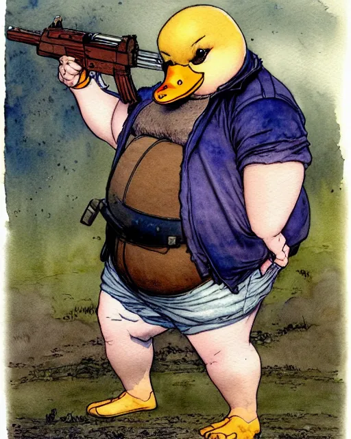 Image similar to a realistic and atmospheric watercolour fantasy character concept art portrait of a fat adorable dirty chibi duck wearing a wife beater and firing a handgun, by rebecca guay, michael kaluta, charles vess and jean moebius giraud