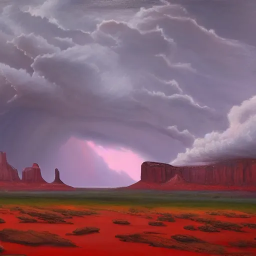 Prompt: a painting of a furious storm from which a waterfall falls from the sky onto a mesa in monument valley