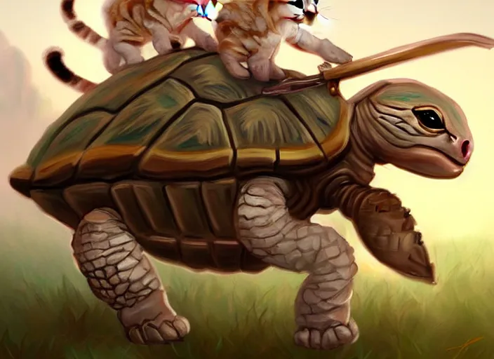 Prompt: white soldier kittens riding turtles going into battle, cute, digital oil painting, trending on artstation