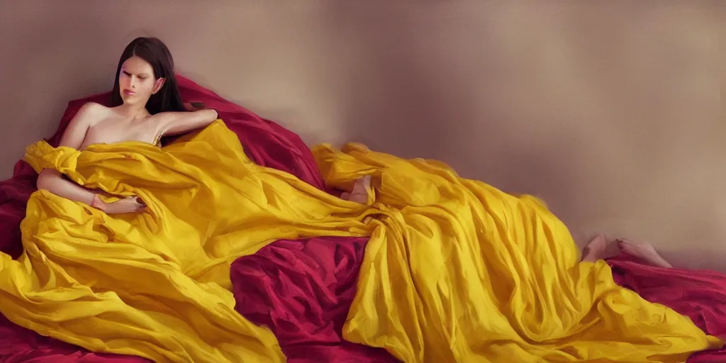 Image similar to beautiful oil matte portrait painting, young woman lying on a red bed sheet wearing a mustard yellow dress covered in giant rose petals, wonderful masterpiece highly detailed, beautiful cinematic light deep focus, elegant, digital painting, smooth, sharp focus, golden ratio, dramatic illumination, ultra realistic, 8 k, art by jimmy law