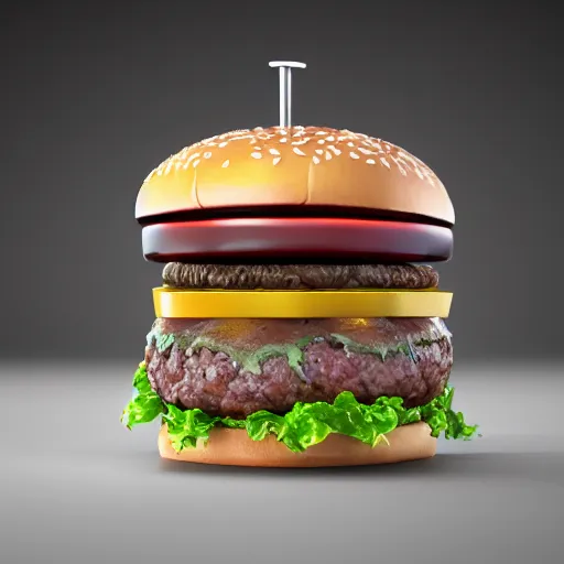 Prompt: burger, splash, 3 d render, incredible details, highly detailed, photorealistic, disney pixar, smooth, octane render, iridescent, 8 k