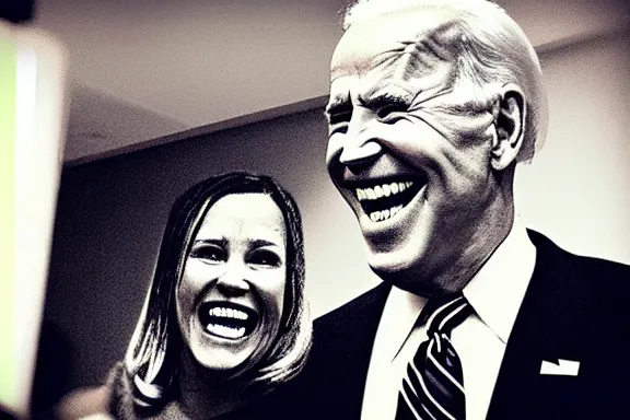 Image similar to “ very very intricate photorealistic photo of the devil and joe biden laughing together, detailed natural lighting, award - winning crisp details ”