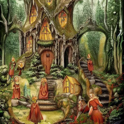Prompt: a secret village of Elves in the woods, with elven architecture, renaissance paiting