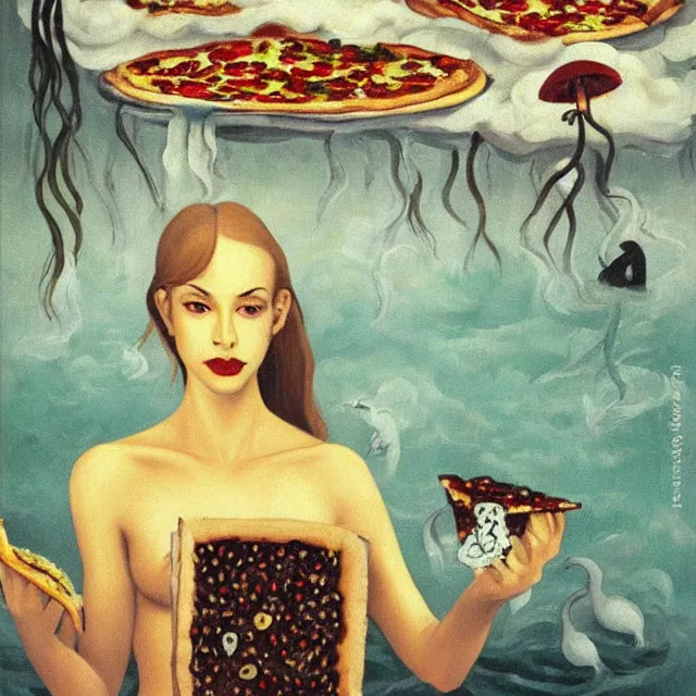 Image similar to tall female catgirl artist holding pizza in her flooded apartment, pomegranates, octopus, water gushing from ceiling, painting of flood waters inside an artist's apartment, a river flooding indoors, mushrooms, ikebana, zen, rapids, waterfall, black swans, canoe, berries, acrylic on canvas, surrealist, by magritte and monet