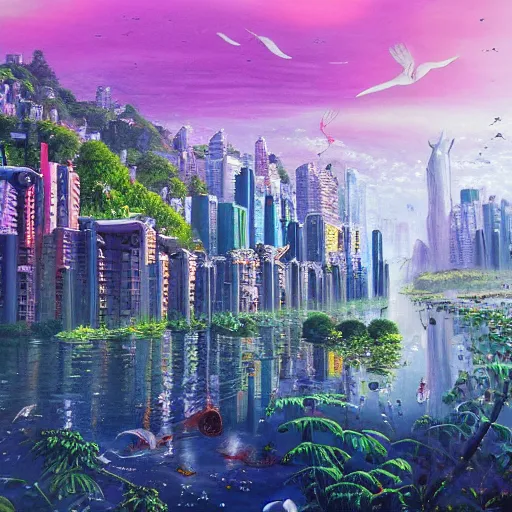 Image similar to Unbelievable city of the future in harmony with nature. Beautiful detailed painting by Lurid. (2022)