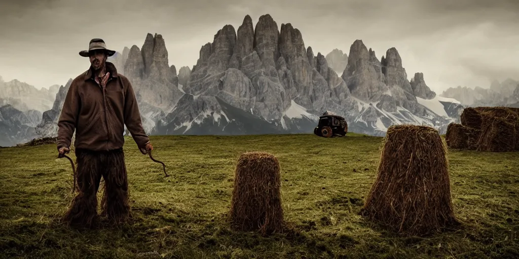 Image similar to alpine farmer transforming into a monster ,roots and hay coat, dolomites in background, dark, eerie, despair, portrait photography, artstation, highly detailed, sharp focus, by cronneberg