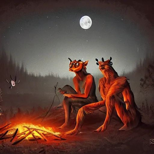 Image similar to strange mythical beasts of sitting around a fire under a full moon, surreal dark uncanny painting by ronny khalil