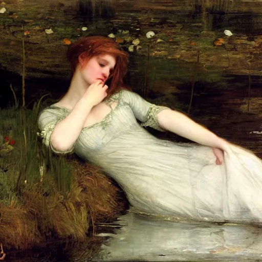 Image similar to ophelia by millais except she's popping a gang sign