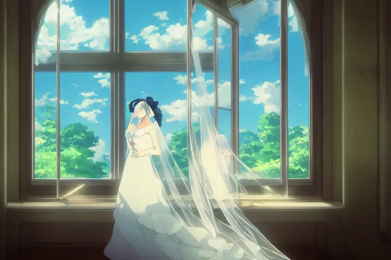 Prompt: a beautiful detailed picture of window, a bride and a groom, sky, by makoto shinkai