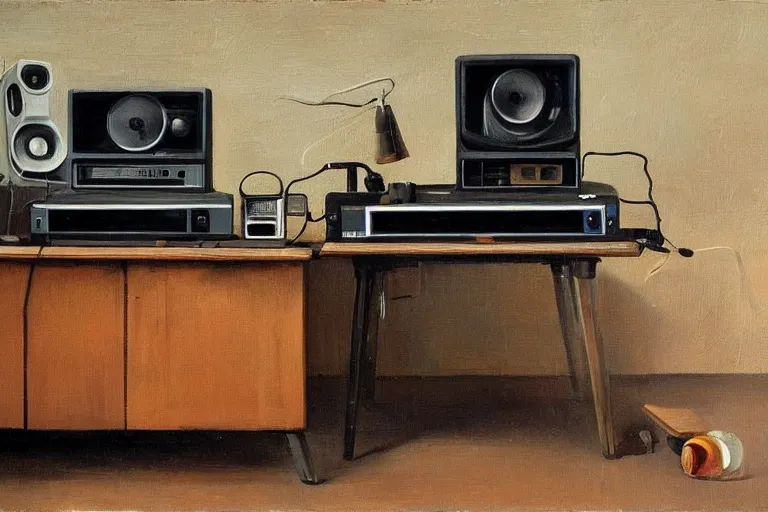 Image similar to still life painting of vintage computers by Adriaen van der Spelt, oil on canvas, strong lighting, highly detailed, hyper realism, HD, 4K