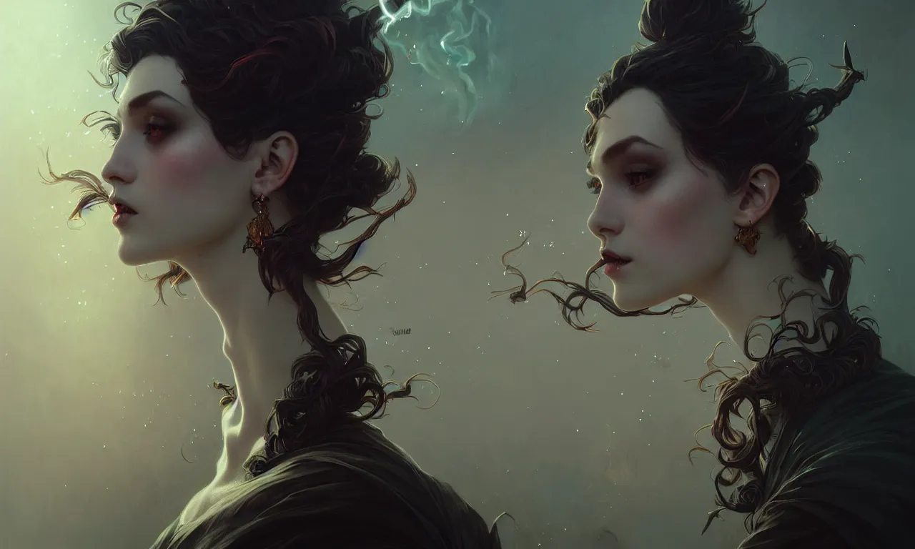 Prompt: A smoking witch closeup filled background around face, fantasy magic, undercut hairstyle, dark light night, intricate, elegant, sharp focus, illustration, highly detailed, digital painting, concept art, matte, art by WLOP and Artgerm and Greg Rutkowski and Alphonse Mucha, masterpiece