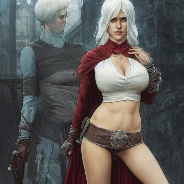 Image similar to cirilla as cosplayer at comic con, half - opened shirt!!, ultra realistic, pretty face, extremely detailed face!!, anatomically correct!!, symmetrical!!!, concept art, intricate details, highly detailed, photorealistic, octane render, 8 k, unreal engine. art by artgerm and greg rutkowski and alphonse mucha