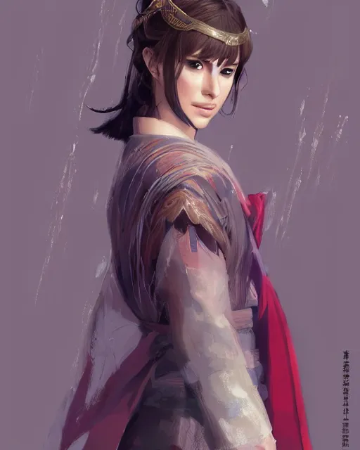 Image similar to An anime portrait of Natalie Portman as a beautiful woman wearing a kimono from Skyrim, by Stanley Artgerm Lau, WLOP, Rossdraws, James Jean, Andrei Riabovitchev, Marc Simonetti, and Sakimichan, trending on artstation