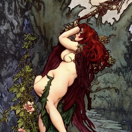 Prompt: a beautiful and detailed matte painting of a seductive succubus dressed as poison ivy, fantasy, d & d, dark eyeliner, intricate, elegant, highly detailed, digital painting, artstation, concept art, matte, sharp focus, illustration, art by rebecca guay and by arthur rackham and by alphonse mucha and by john william waterhouse