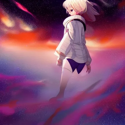 Image similar to over the cloud there is a cosmic girl A young female looks like kasumi arimura with wolor explosion background trending on artstation and twitter by Krenz Cushart, trending on pixiv, Colorful astronaut, flowing robe, floating , colorful nebula, derelict space ship, science fiction spaceman, space, futuristic spacesuit, cover art, cinematic, highly detailed, strong line work, Alphonse Mucha, John Harris, 4k render, 4k post, hyper detailed