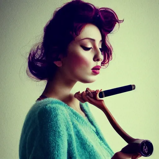 Image similar to the most beautiful woman in the world smoking a pipe. sharp colour photograph. soft lighting. depth of field. trending on artstation.