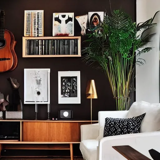 Image similar to living room interior design with style of japandi, light, ikea, warm wood, urban jungle plants, functional, music, art wall, music instruments, music records