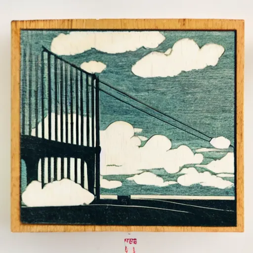 Prompt: small steel suspension bridge built in 1 9 2 8, side view, puffy clouds in background, woodcut style, 8 k