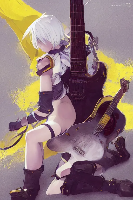 Prompt: a white haired girl with a guitar on her back sitting on the floor taking off her socks, and eye - catching yellow assents, s line, 4 5 angel by krenz cushart and mucha and akihito yoshida and greg rutkowski, nier : automata inspired, 4 k resolution