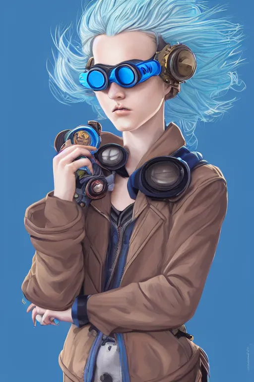 Image similar to portrait painting of a teenage girl with swept back wild blue hair, fashionable, windy, steampunk, reflective goggles, smirking, full body, flat color solid background color, sharp focus, award - winning, cinematic pose, cinematic lighting, trending on artstation, masterpiece, highly detailed, intricate. art by josan gonzales and moebius and deathburger